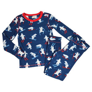 Hatley Kids Pajama Set Size 6 Blue Red Skiing Polar Bear PJ Pants Fleece Long